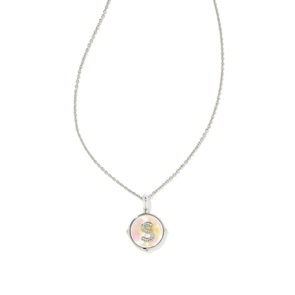 Letter S Silver Plated Disc Reversible Necklace in Iridescent Abalone by Kendra Scott
