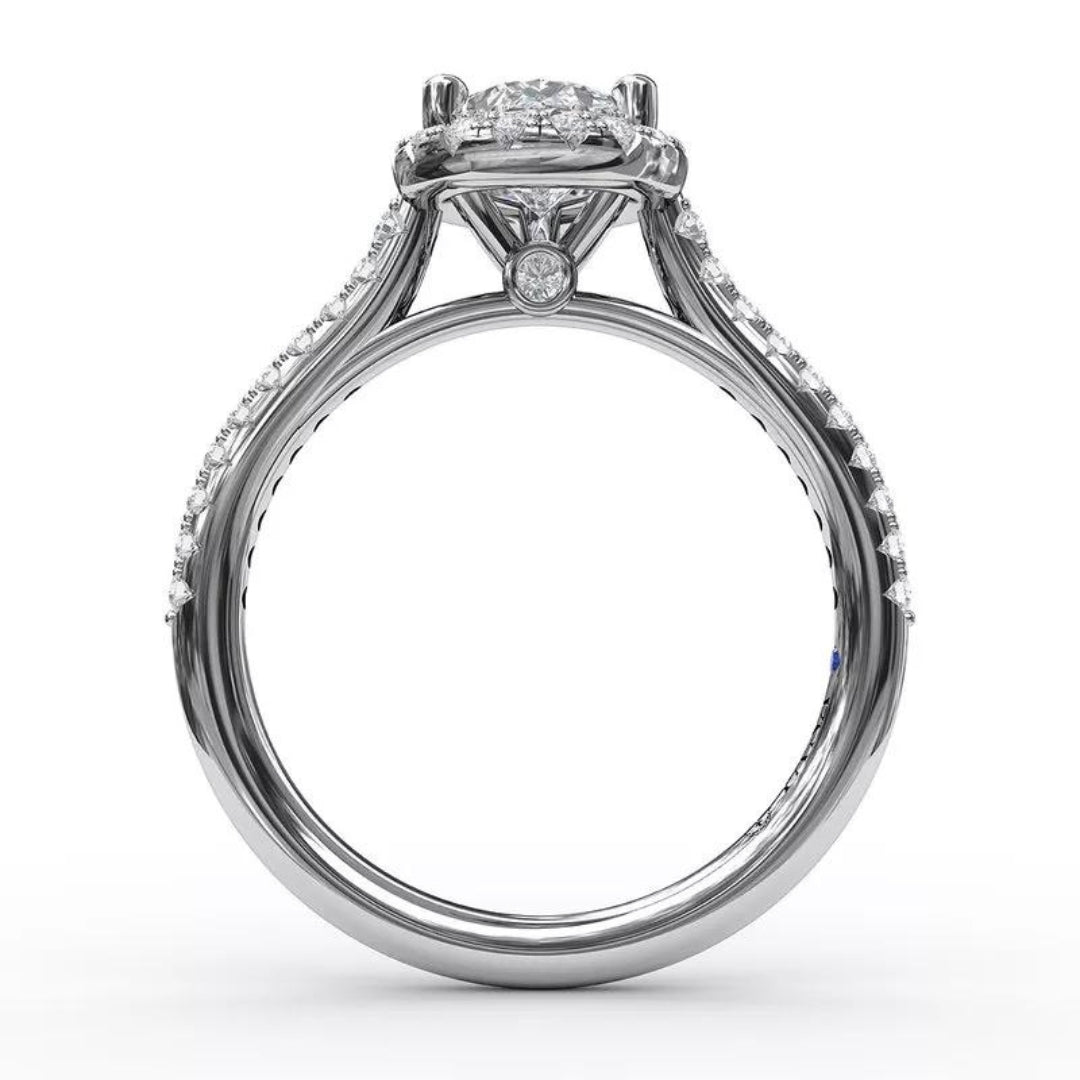 Delicate Pear Shaped Halo And Pavé Band Engagement Semi-Mount Ring