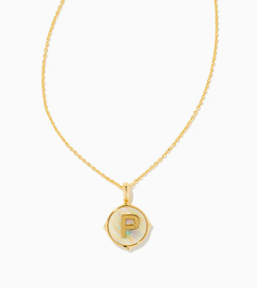 Letter P Gold Plated Disc Pendant in Iridescent Abalone by Kendra Scott