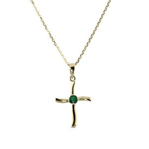 14K Yellow Gold 0.12ct Emerald Cross Pendant 18"