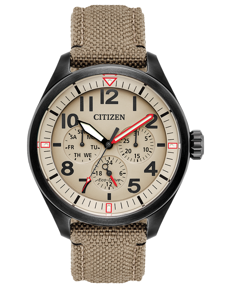 Garrison Black Stainless Steel Case, Tan Cordura Strap, & Sand Colored Dial Watch by Citizen