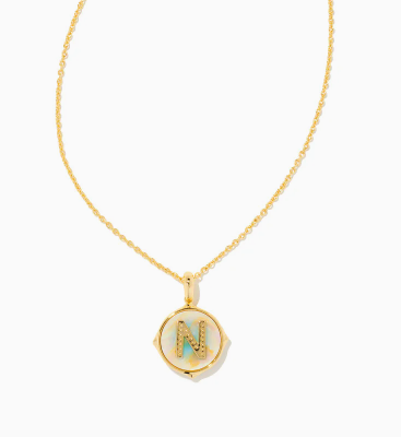 Letter N Gold Plated Disc Pendant in Iridescent Abalone by Kendra Scott