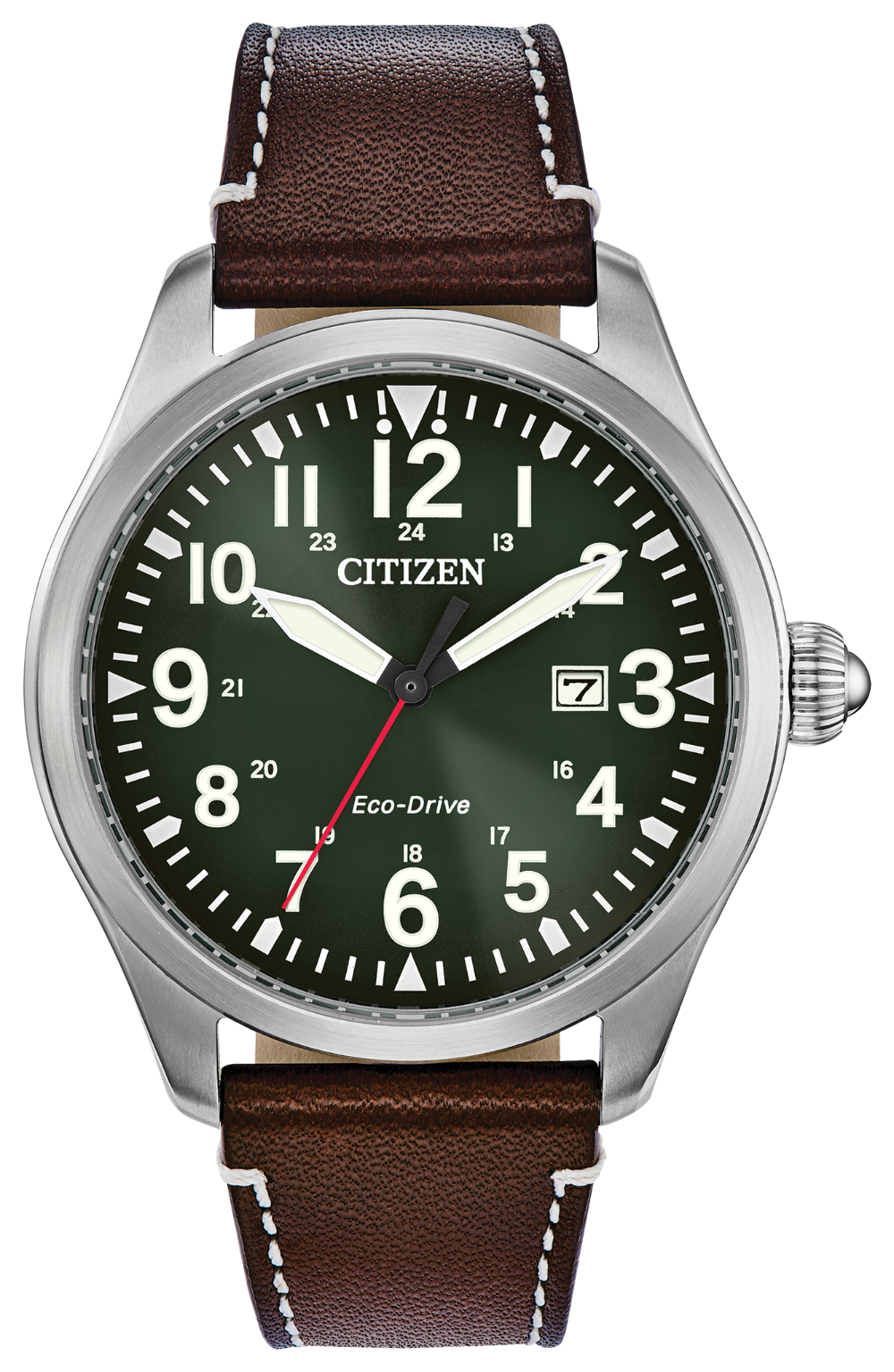 Men's Stainless Steel Eco-Drive Watch with Evergreen Dial & Brown Leather Band by Citizen