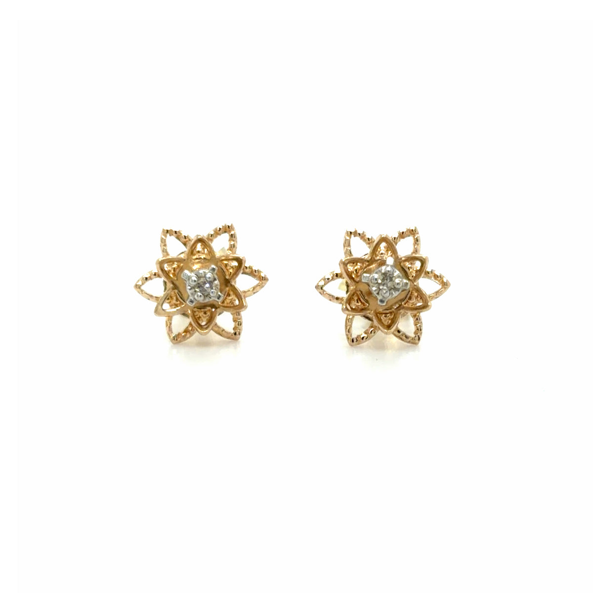 Estate 14K Diamond Lotus Flower Stud Earrings