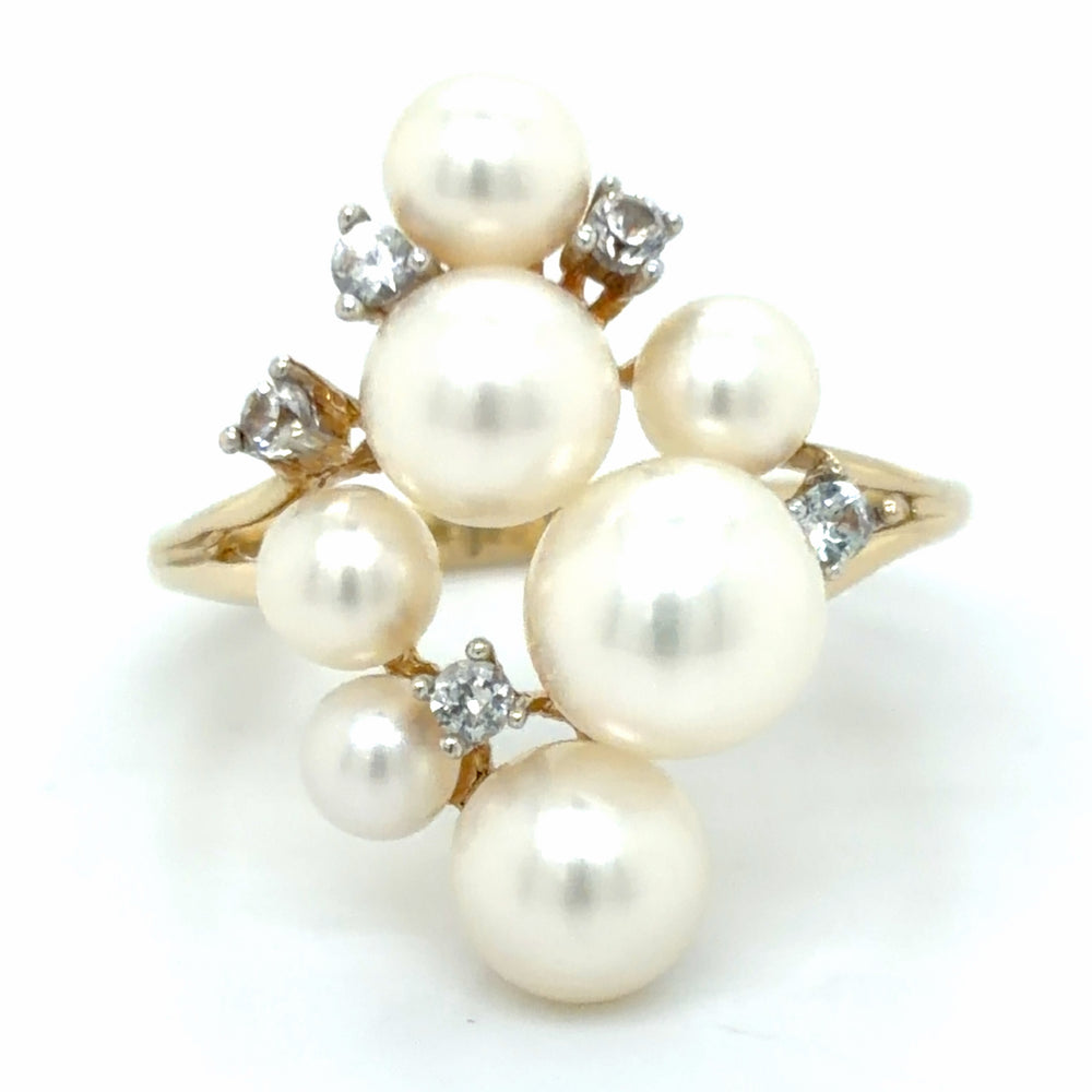 Estate 10K Yellow Gold Pearl & White Sapphire Cluster Ring