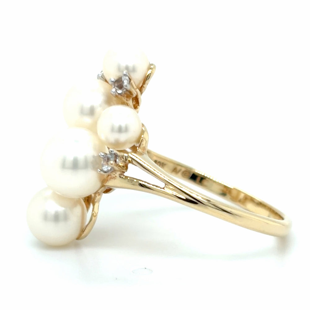 Estate 10K Yellow Gold Pearl & White Sapphire Cluster Ring