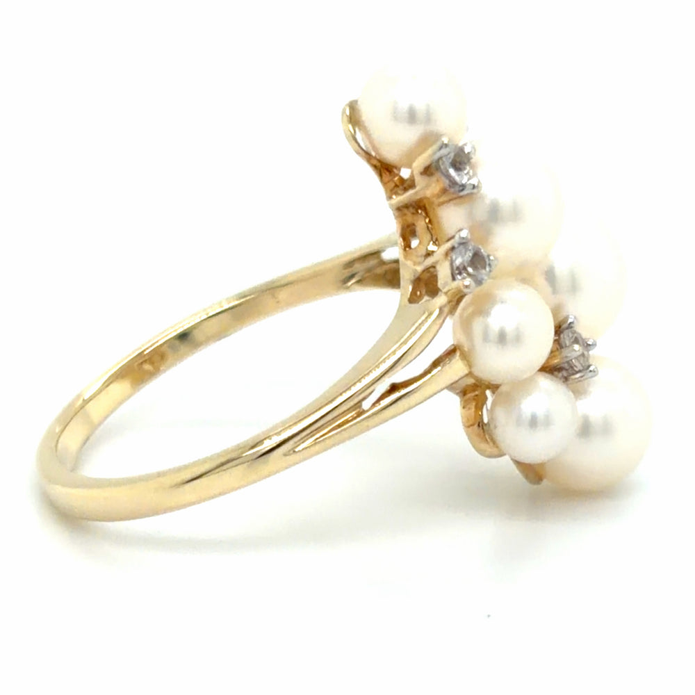 Estate 10K Yellow Gold Pearl & White Sapphire Cluster Ring