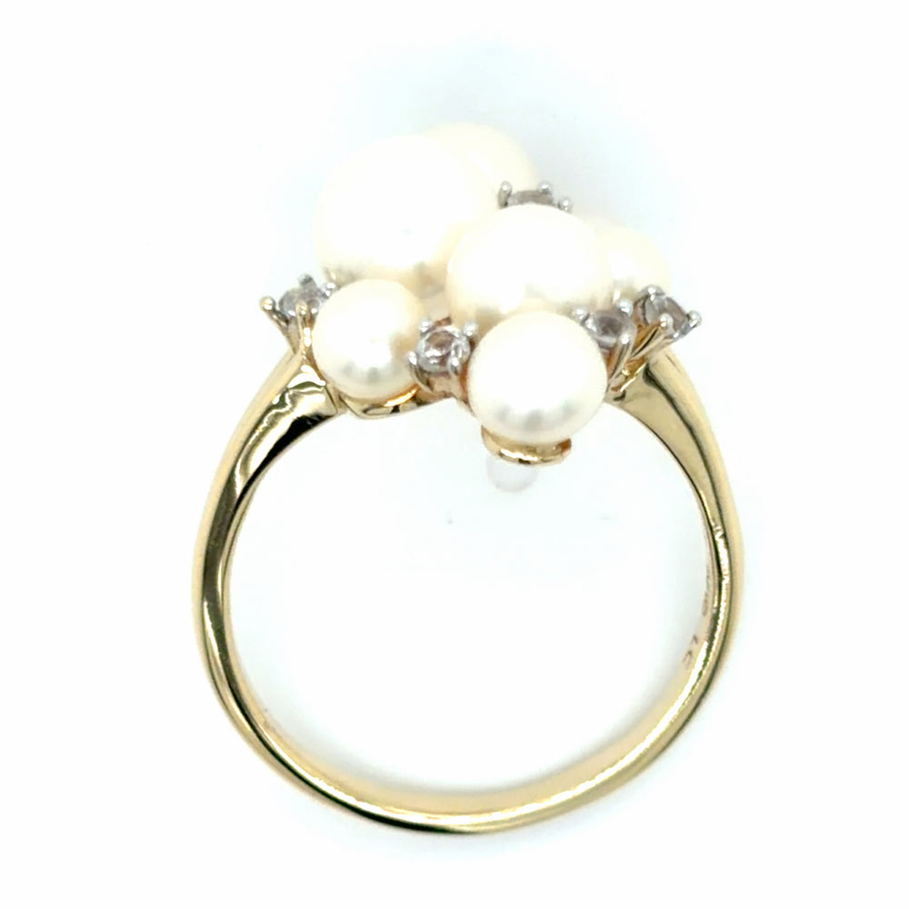 Estate 10K Yellow Gold Pearl & White Sapphire Cluster Ring