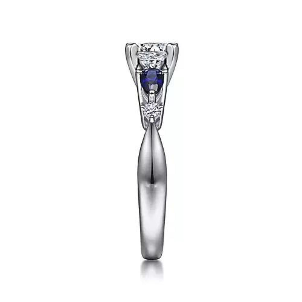 14K White Gold Round Five Stone Sapphire and Diamond Engagement Semi-Mount Ring