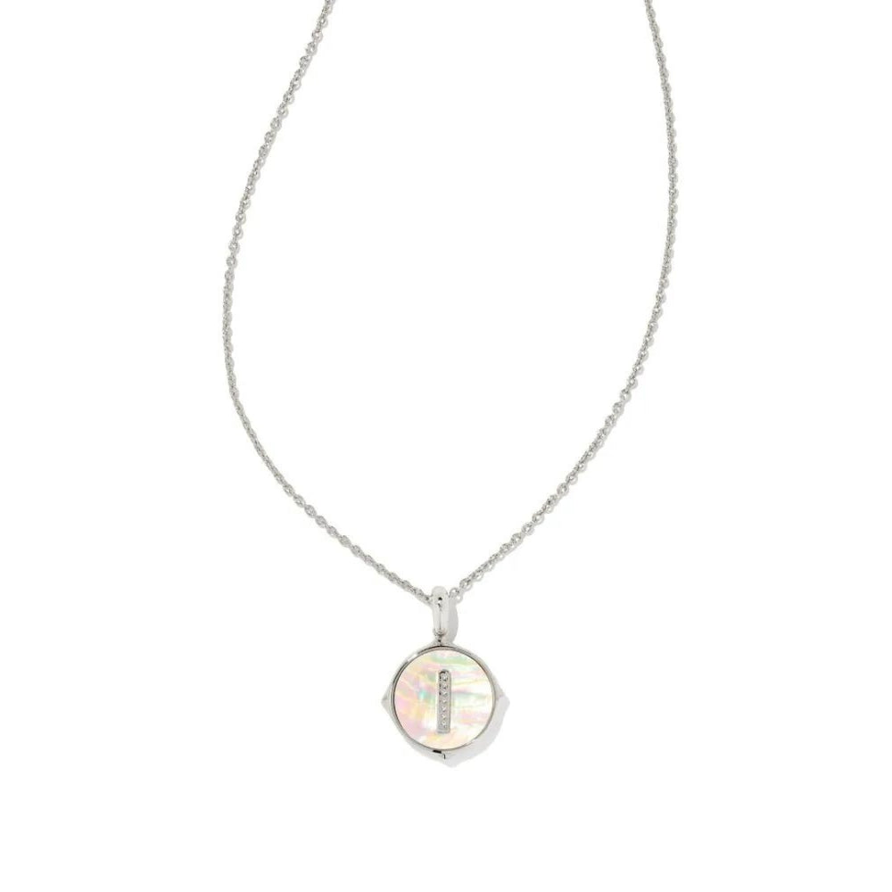 Letter I Silver Plated Disc Reversible Necklace in Iridescent Abalone by Kendra Scott