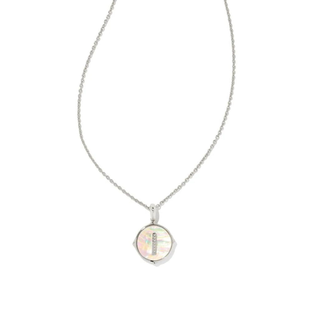 Letter I Silver Plated Disc Reversible Necklace in Iridescent Abalone by Kendra Scott