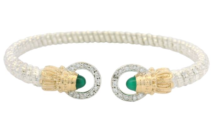 Sterling Silver & 14K Yellow Gold Green Onyx & 0.17cttw Diamond 4mm Open Bracelet by Vahan
