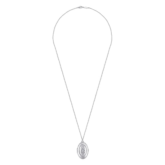 Sterling Silver Oval Locket Necklace with White Sapphire