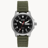 Citizen Stainless Steel Eco Drive Watch with Green Nylon Strap, Black Dial, Day & Date