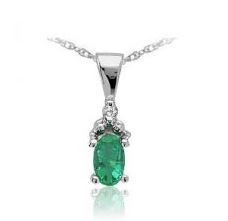 10K White Gold, Oval Emerald & 0.01ct Diamond Pendant & Chain