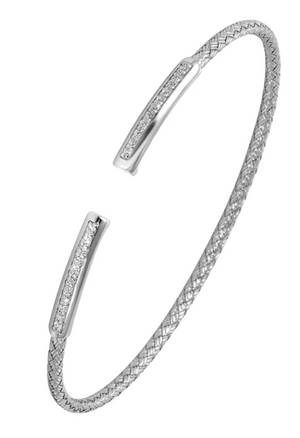 Sterling Silver 2mm Mesh Cuff with CZ & Rhodium Finish