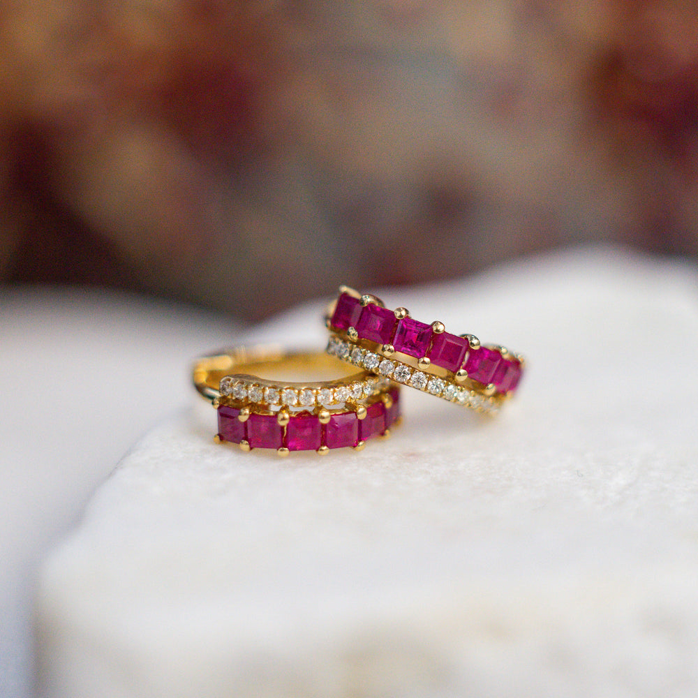 14K Yellow Gold Ruby & Diamond Huggie Earrings