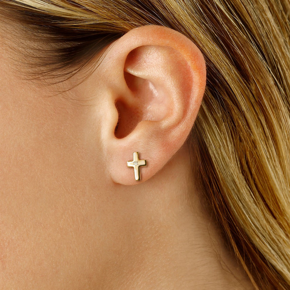 14K Yellow Gold Cross with 0.01cttw Diamond Stud Earrings