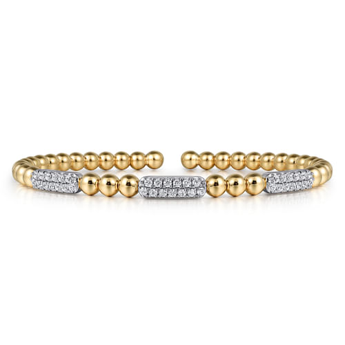 14K Yellow & White Gold 0.52cttw SI H-I Diamond Pave Three Station Bar Bujukan Bead Split Bangle Bracelet by Gabriel