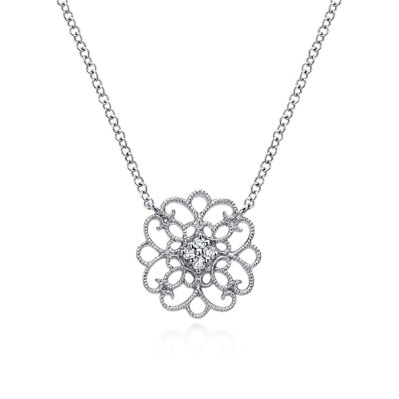 Sterling Silver Round Filigree 0.05cttw White Sapphire Pendant Necklace by Gabriel