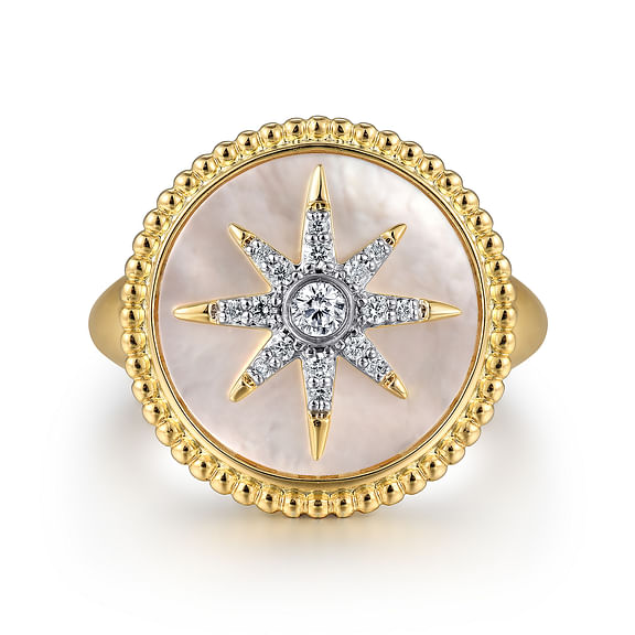 14K Yellow Gold Mother of Pearl Inlay & Diamond Starburst Signet Ring