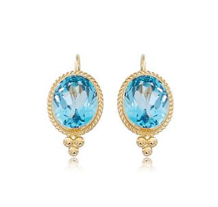 
            
                Load image into Gallery viewer, 14K Yellow Gold, 8X6mm Oval Blue Topaz Leverback Earrings
            
        