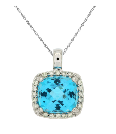 14K White Gold Cushion Cut 3.00ct Blue Topaz & 0.13cttw Diamond Pendant Necklace