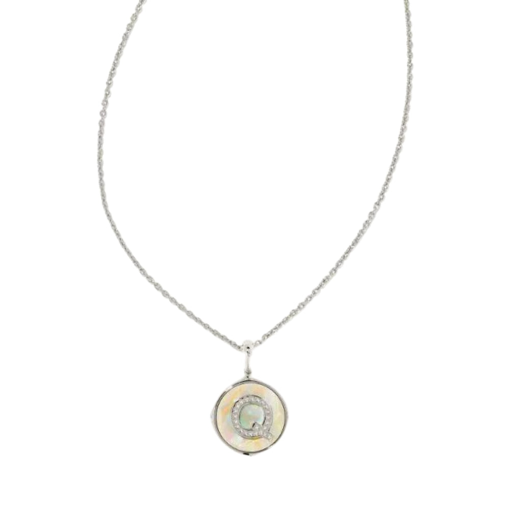 Letter Q Silver Plated Disc Reversible Necklace in Iridescent Abalone by Kendra Scott