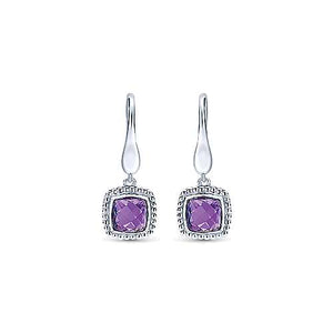 Sterling Silver Earrings with Cushion Cut Amethyst Drops by Gabriel