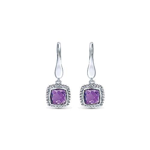 Sterling Silver Earrings with Cushion Cut Amethyst Drops by Gabriel