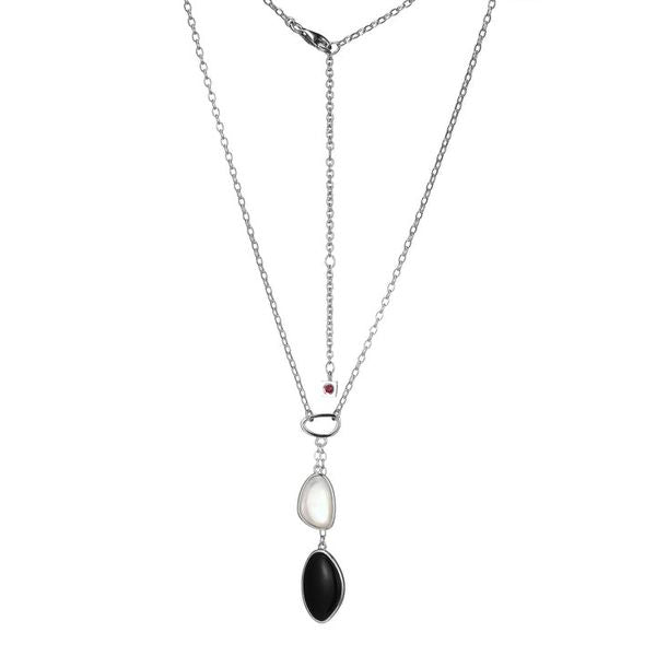 Pebble Black Agate And Mother Of Pearl Pendant On Rolo Chain by ELLE