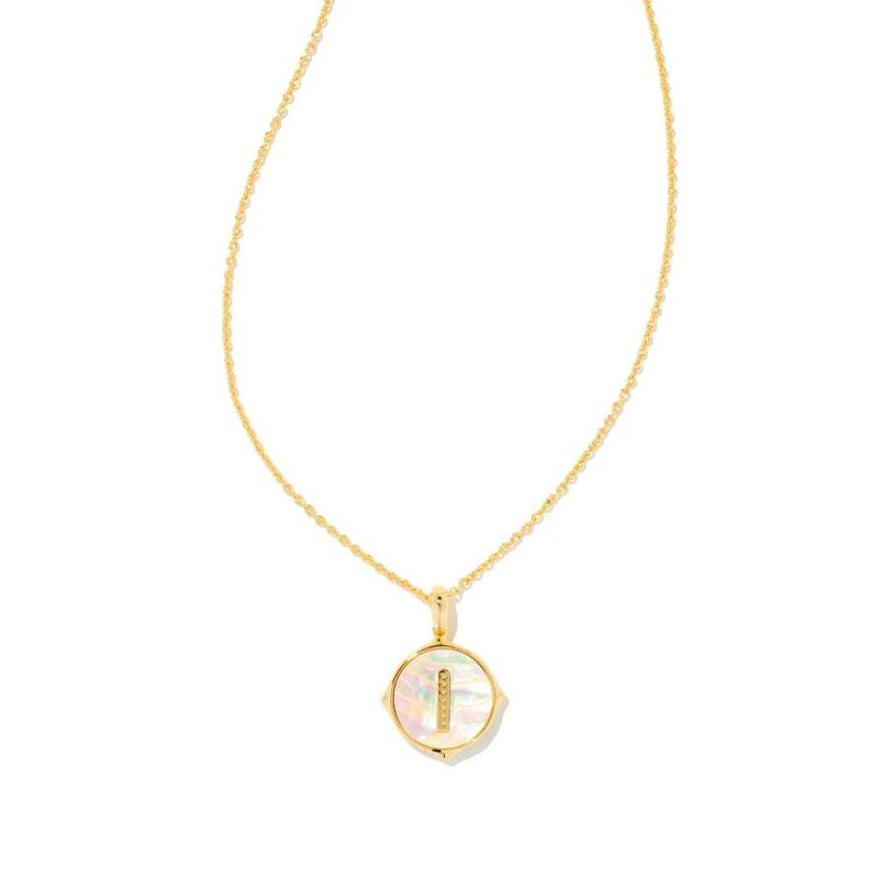Letter I Gold Plated Disc Reversible Necklace in Iridescent Abalone by Kendra Scott