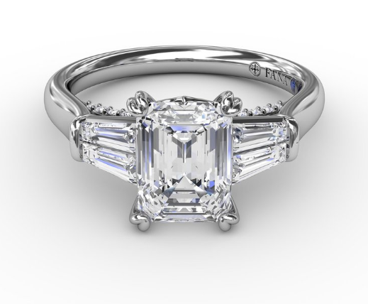 14K White Gold 0.39cttw VS FG Emerald Cut Diamond Semi-Mount Ring with Tapered Baguette Sides by Fana