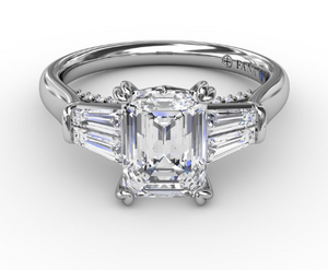 14K White Gold 0.39cttw VS FG Emerald Cut Diamond Semi-Mount Ring with Tapered Baguette Sides by Fana