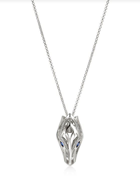 Naga Silver 0.16cttw Dia Pave Pendant on Rolo Necklace with Blue Sapp Eyes by John Hardy