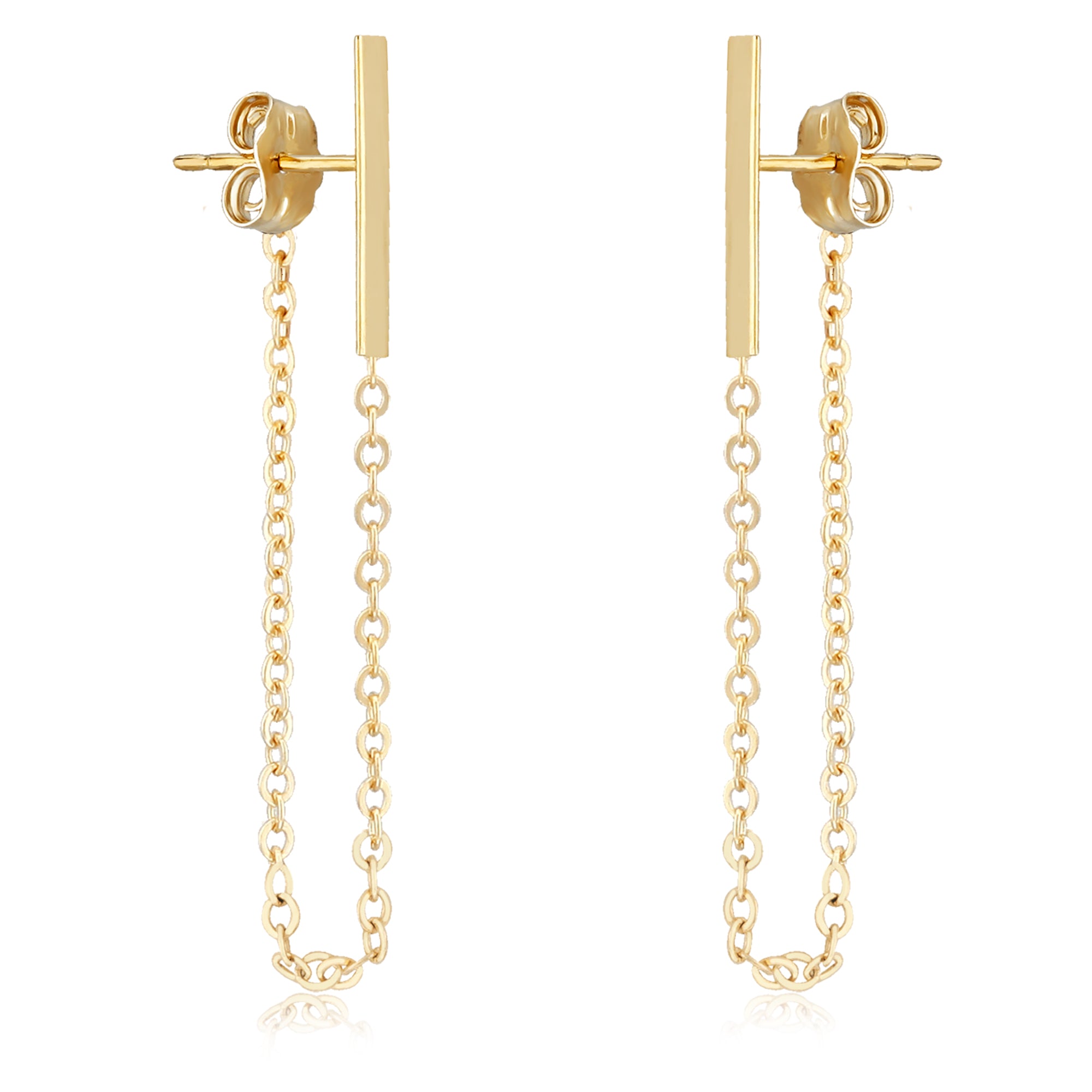 14K Yellow Gold 2mm x13mm Bar with Chain Earrings