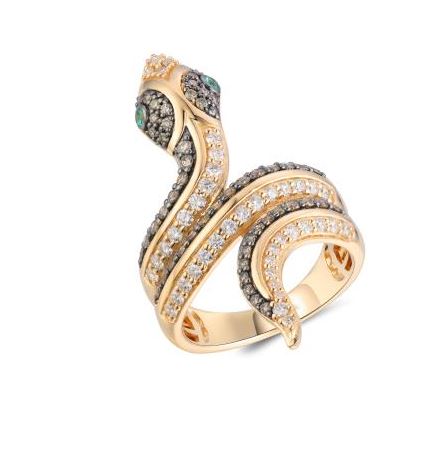 14K Honey Gold 2.60cttw Chocolate & Nude Diamond & 0.31cttw Costa Smeralda Emerald Snake Ring by LeVian