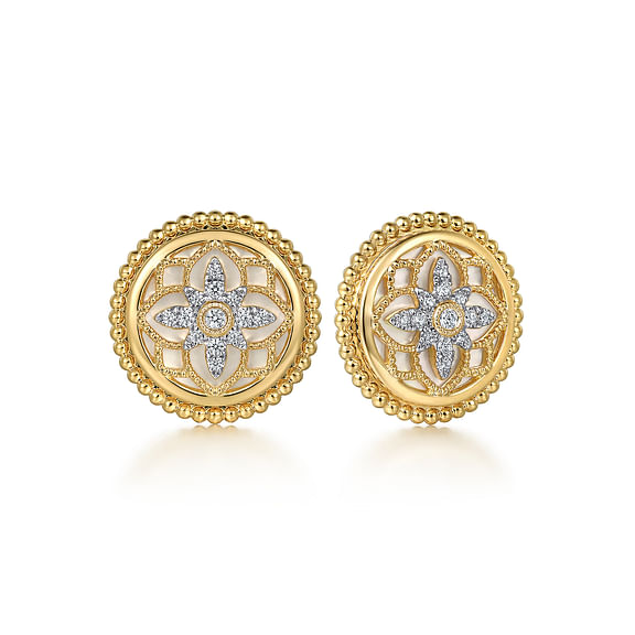 14K Yellow Gold Bujukan Diamonds and White Mother of Pearl Stud Earrings