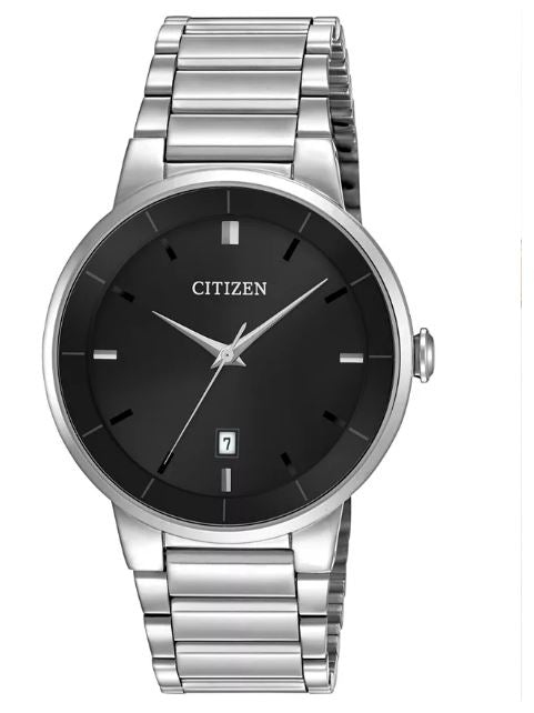 Stainless Steel Quartz Watch with Black Dial WR50 by Citizen