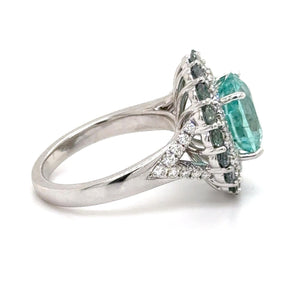 18K White Gold 4.30ct Cushion Cut Paraiba-Type Tourmaline and Natural Alexandrite Ring