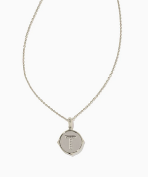 Letter T Silver Plated Disc Reversible Pendant in Black Mother of Pearl by Kendra Scott