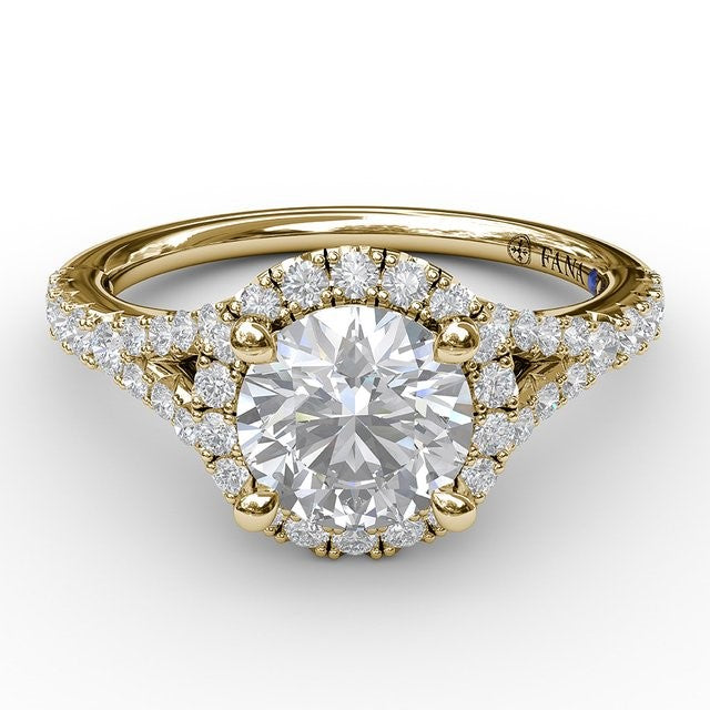 Classic Diamond Halo Engagement Semi-Mount Ring with a Subtle Split Band by Fana