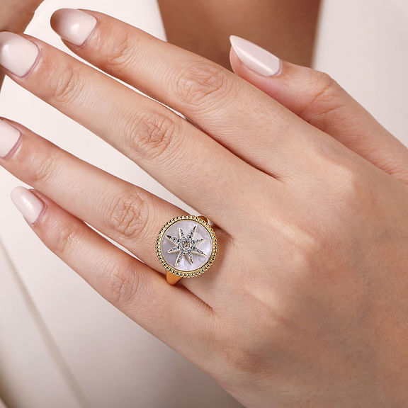 14K Yellow Gold Mother of Pearl Inlay & Diamond Starburst Signet Ring
