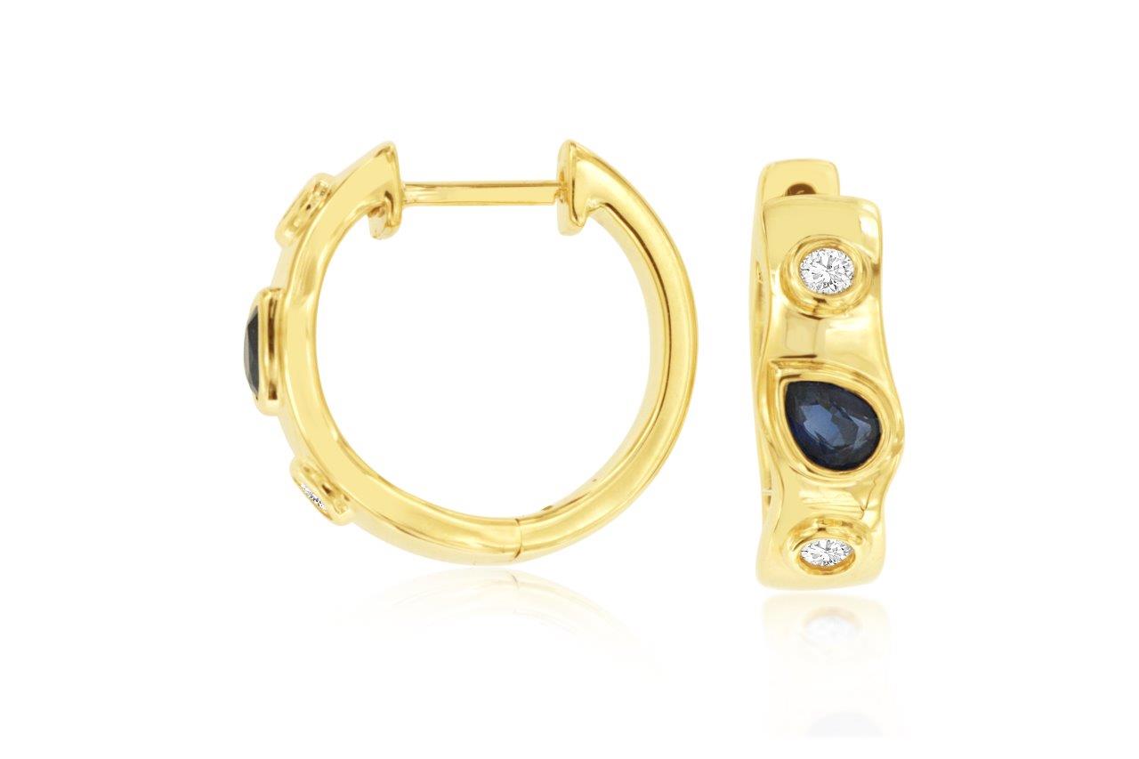 14K Yellow Gold Bezel Set Sapphire & Diamond Huggie Earrings by RJM