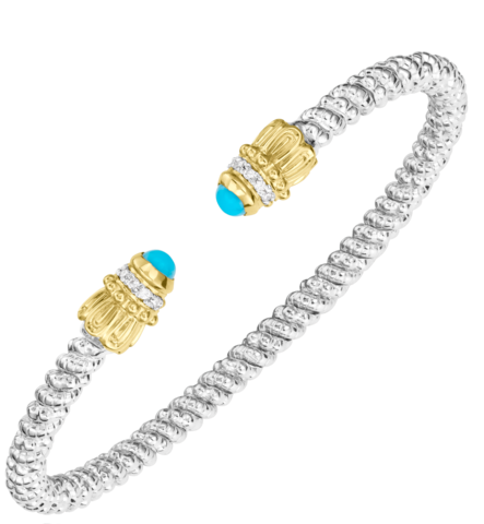 Sterling Silver & 14K Yellow Gold 0.08cttw Turquoise 3mm Open Bracelet by Vahan