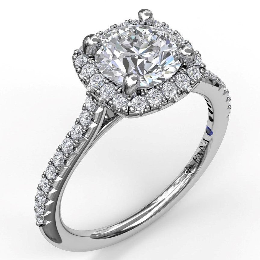 Delicate Cushion Halo Engagement Semi-Mount Ring With Pave Shank