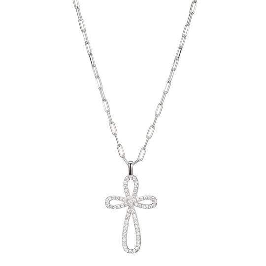 Sterling Silver Necklace with Paperclip Chain & CZ Cross by Elle