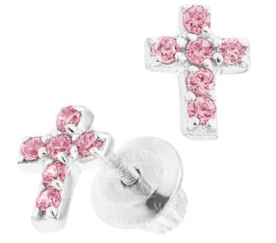 Sterling Silver Cross Earrings with Pink CZ