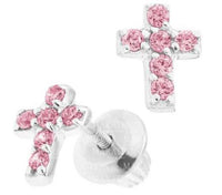 Sterling Silver Cross Earrings with Pink CZ