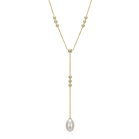 Sterling Silver ELLE "Genesis" Yellow Gold-Plated Genuine White Pearl Necklace on 17" + 3" Extension Cable Chain